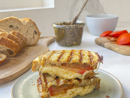 Grilled Cheese and Tomato Sandwich with Homemade Olive Tapenade