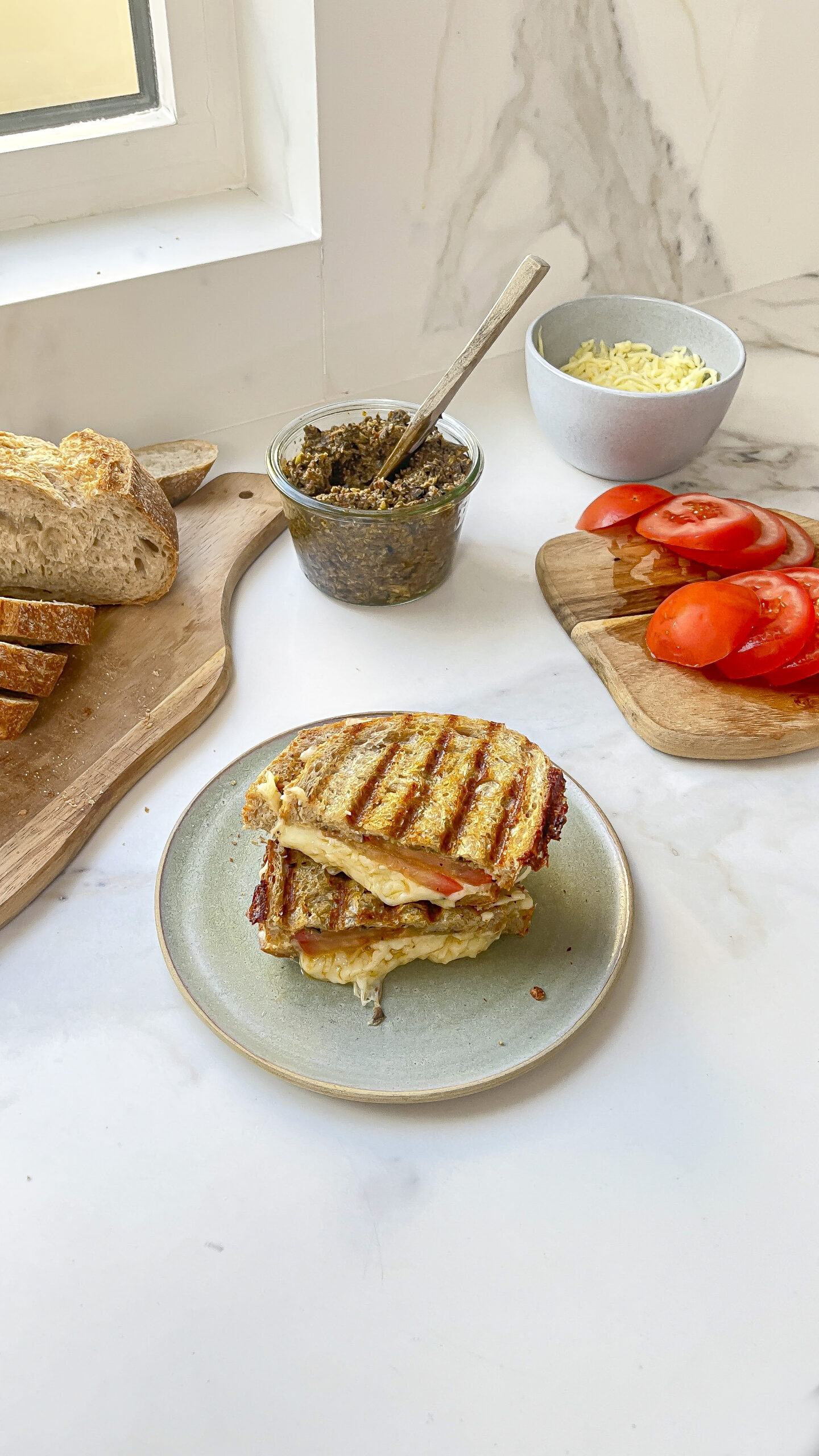 Grilled Cheese and Tomato Sandwich with Homemade Olive Tapenade
